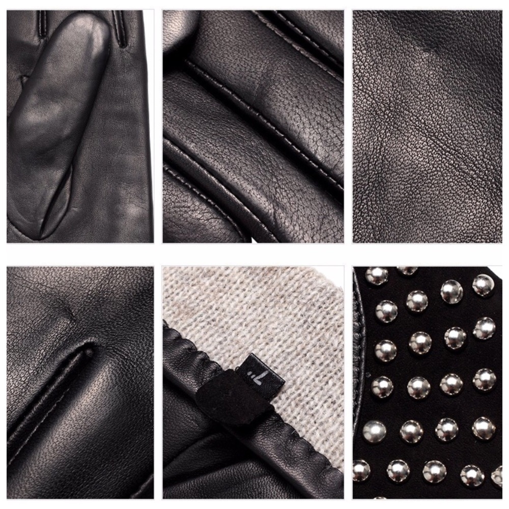 Black Leather Stud Cashmere Lined Gloves - Picture 5 of 5